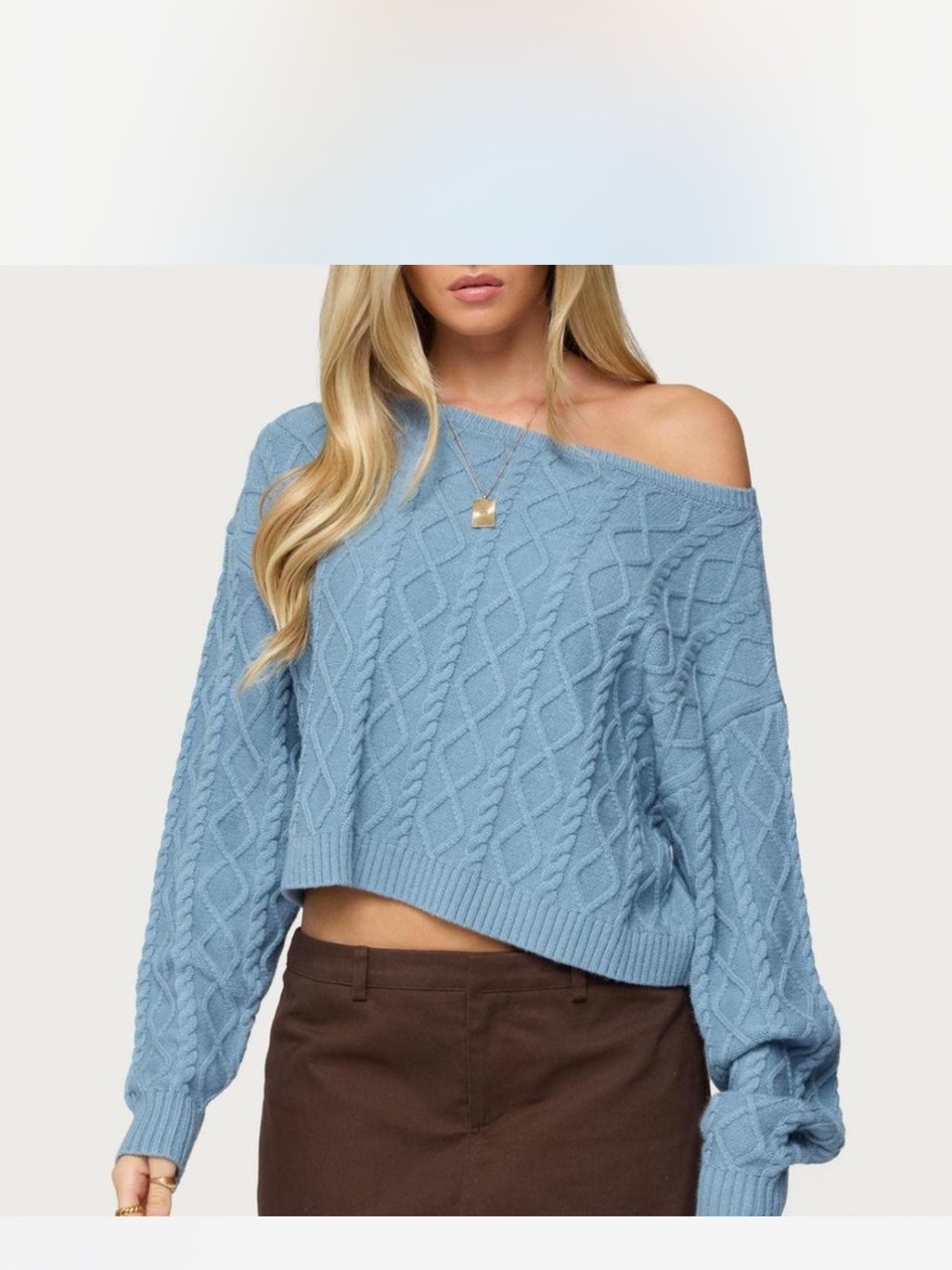 Edikted Sky Blue Cable-Knit Off-Shoulder Cropped Sweater